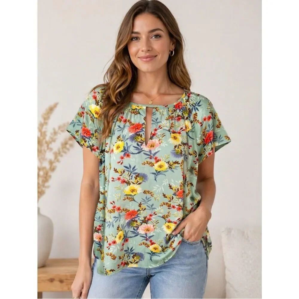 Fun2Fun Floral Flutter Sleeve Cutout Back Blouse Muted Green Multicolor M
